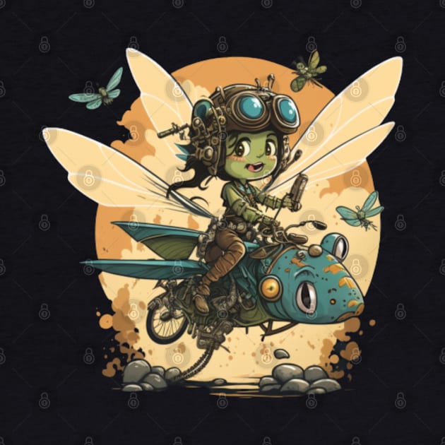 Steampunk Battle Fairy Ridging a Mechanical Dragonfly by ForbiddenGeek